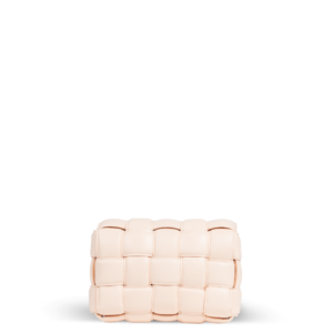A leather handbag in a braided pattern and light peach shade from the Bottega Veneta brand.