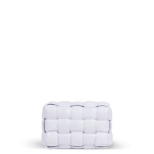 A light purple handbag in a braided pattern from the Bottega Veneta brand.