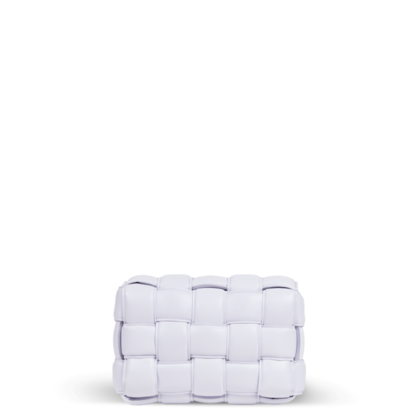 A light purple handbag in a braided pattern from the Bottega Veneta brand.