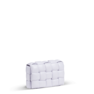 A light purple handbag in a braided pattern from the Bottega Veneta brand.