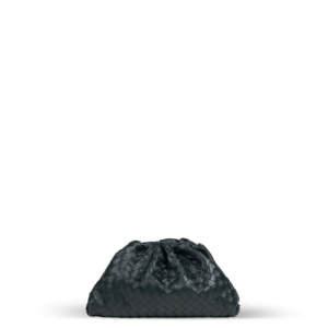 Eine dunkelgrüne Clutch-Tasche der Marke Bottega Veneta im Webmuster Design.