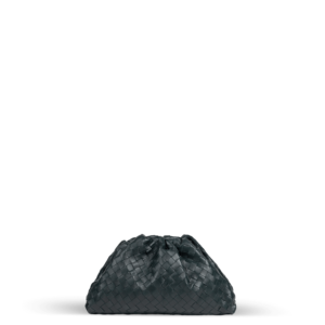 A dark green Bottega Veneta clutch bag with a woven design.
