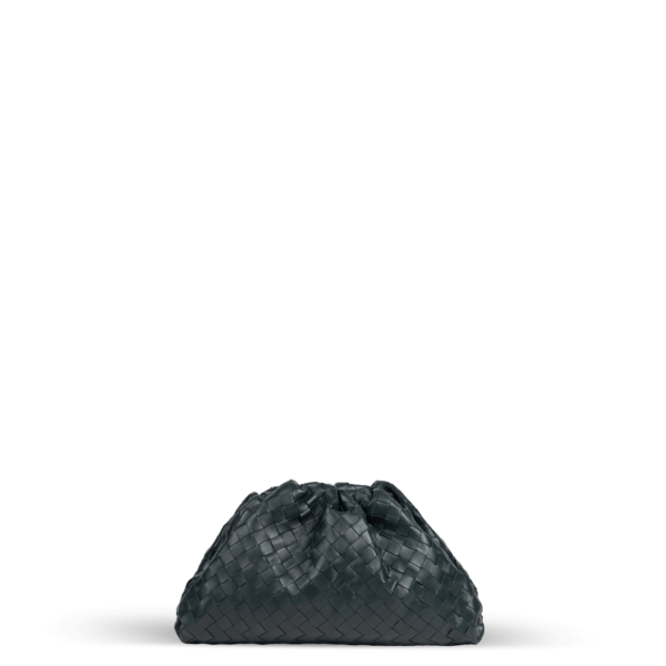 A dark green Bottega Veneta clutch bag with a woven design.