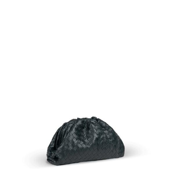 A dark green Bottega Veneta clutch bag with a woven design.