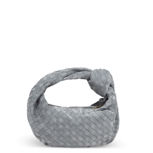 Graue Veloursledertasche der Marke Bottega Veneta mit Knotendesign im Griff.