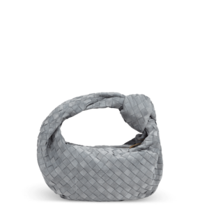 Sac en cuir velours gris de la marque Bottega Veneta avec un design de nœuds dans la poignée.