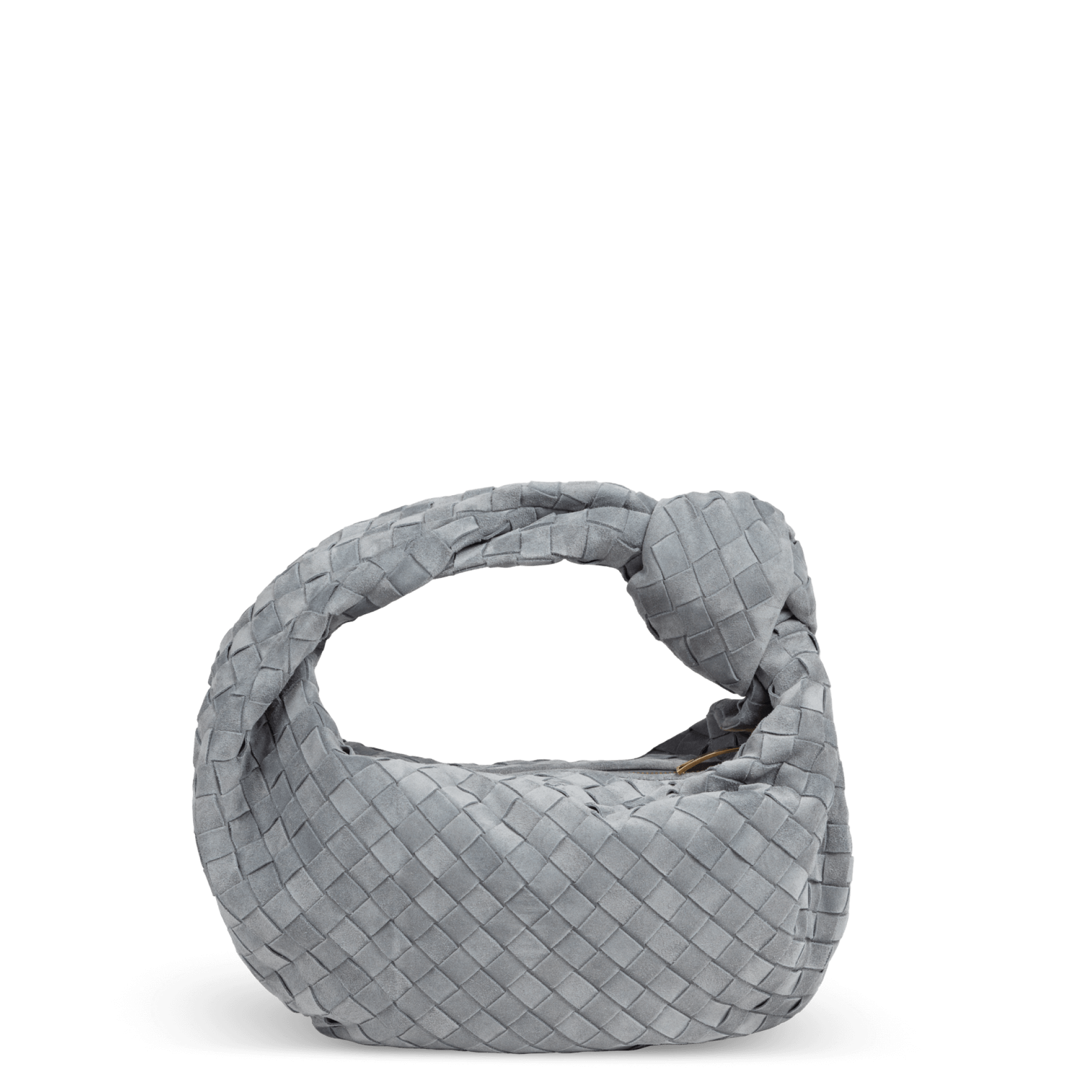Gray suede bag by Bottega Veneta with a knot design on the handle.