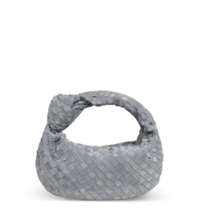 Sac en cuir velours gris de la marque Bottega Veneta avec un design de nœuds dans la poignée.