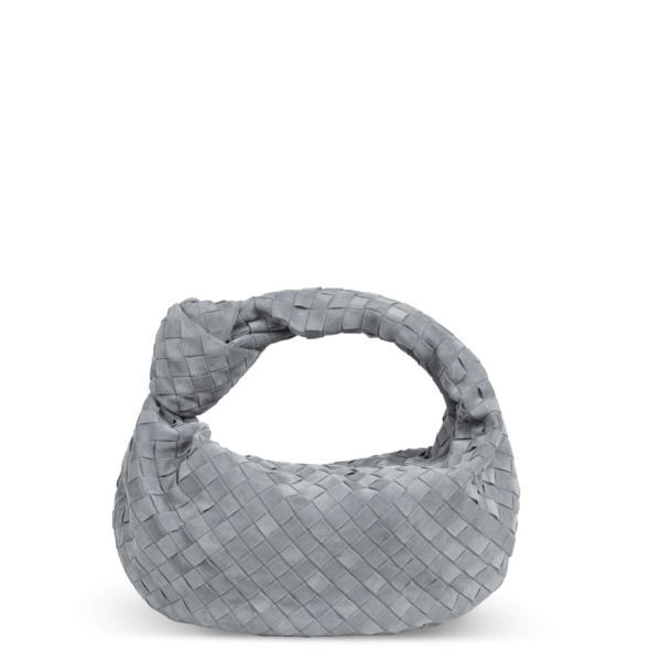 Gray suede bag by Bottega Veneta with a knot design on the handle.