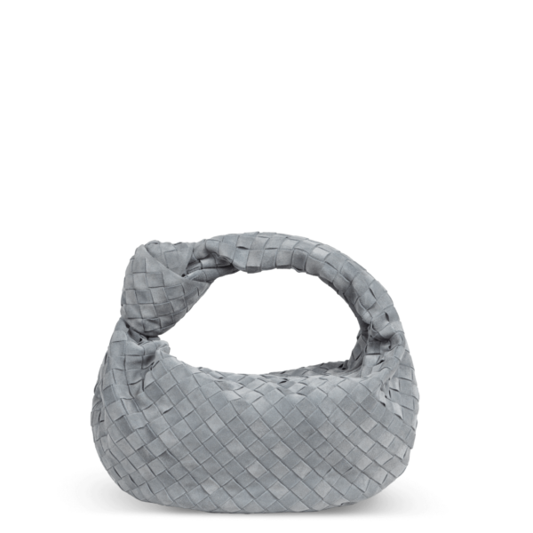 Sac en cuir velours gris de la marque Bottega Veneta avec un design de nœuds dans la poignée.