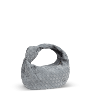 Gray suede bag by Bottega Veneta with a knot design on the handle.