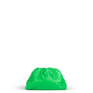 A green Bottega Veneta clutch bag with a woven design.