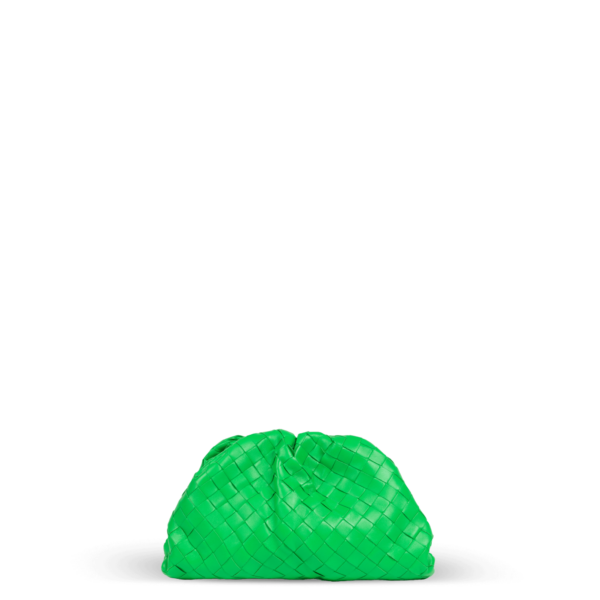 A green Bottega Veneta clutch bag with a woven design.