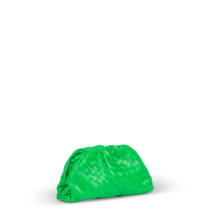 A green Bottega Veneta clutch bag with a woven design.