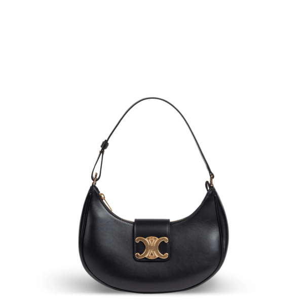 Black leather shoulder bag with gold hardware from the Celine brand.