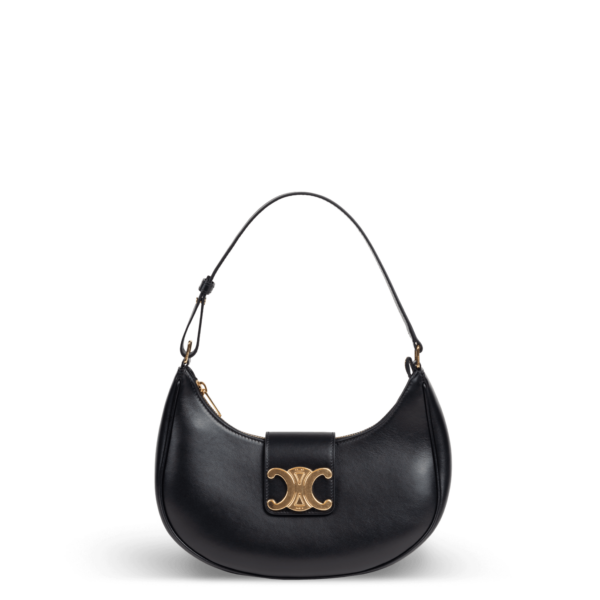 Sac à bandoulière en cuir noir avec matériel doré de la marque Céline.