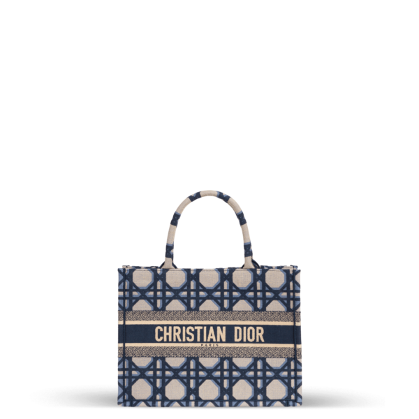 Tote bag in blue and beige jacquard fabric from the Dior brand.