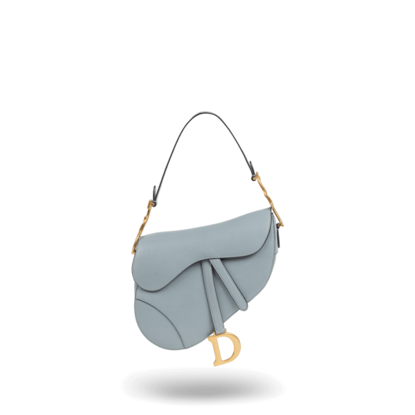 A light blue handbag with gold hardware from the Dior brand.