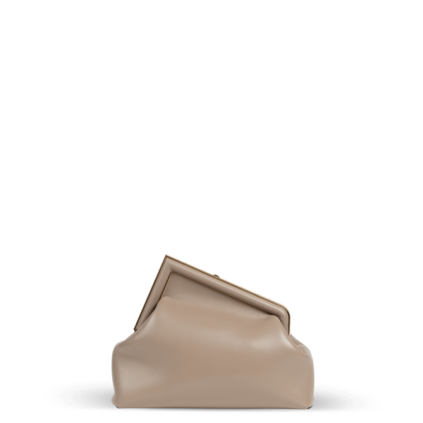 A beige clutch bag with gold hardware from the Fendi brand.