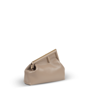 A beige clutch bag with gold hardware from the Fendi brand.