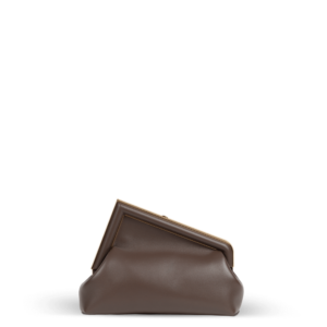A brown clutch bag with gold hardware from the Fendi brand.
