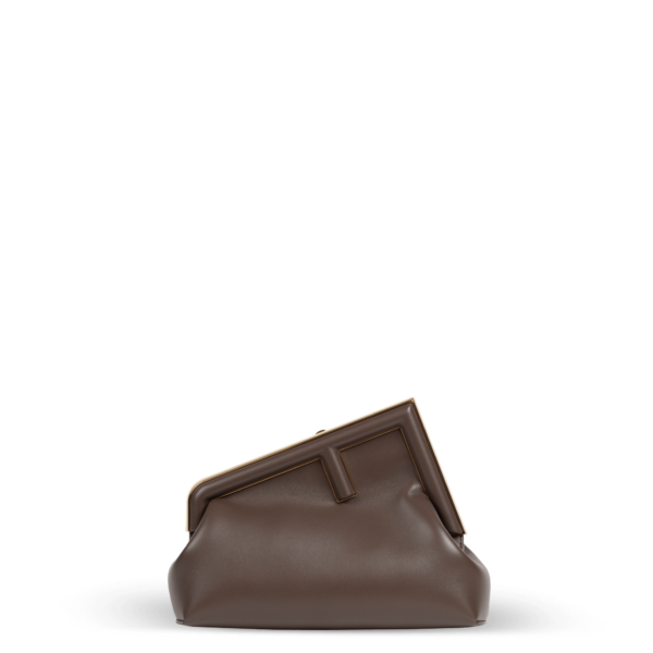 A brown clutch bag with gold hardware from the Fendi brand.