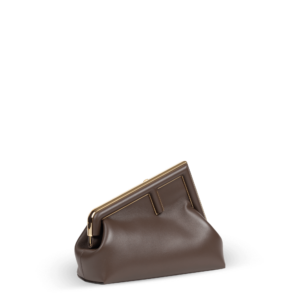 A brown clutch bag with gold hardware from the Fendi brand.