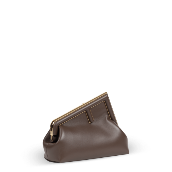 A brown clutch bag with gold hardware from the Fendi brand.