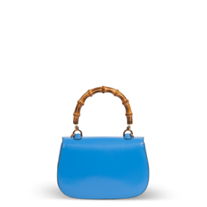 Blue leather handbag with bamboo handle by Gucci.