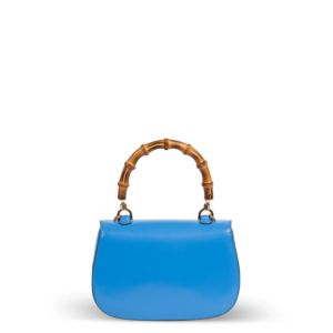 Sac à main en cuir bleu avec poignée en bambou de la marque Gucci.