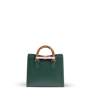 Dark green leather handbag with bamboo handles from the Gucci brand.