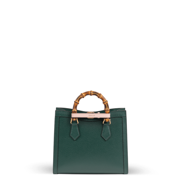 Sac à main vert foncé en cuir avec poignées en bambou de la marque Gucci.