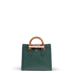Dark green leather handbag with bamboo handles from the Gucci brand.