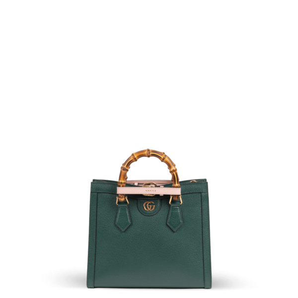 Dark green leather handbag with bamboo handles from the Gucci brand.