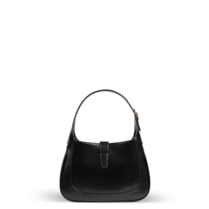 Black leather shoulder bag with gold hardware from the Gucci brand.