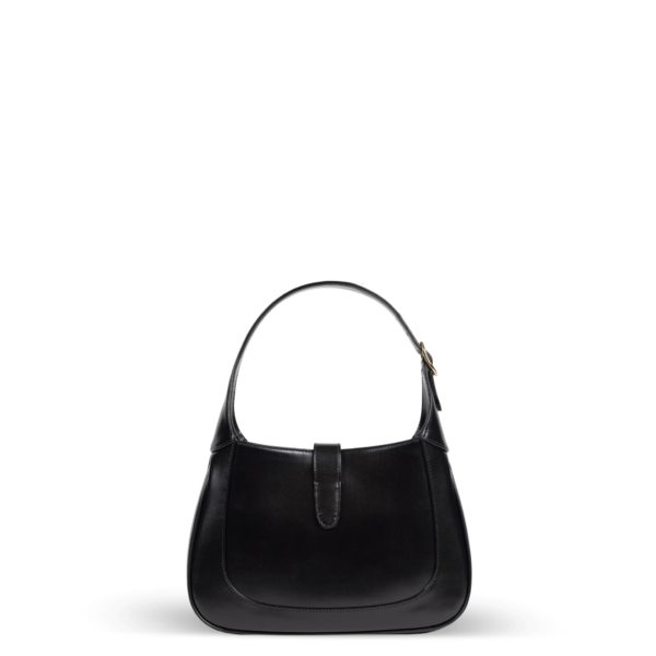 Black leather shoulder bag with gold hardware from the Gucci brand.