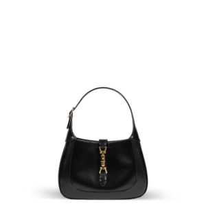 Schwarze Leder-Schultertasche mit goldener Hardware der Marke Gucci.