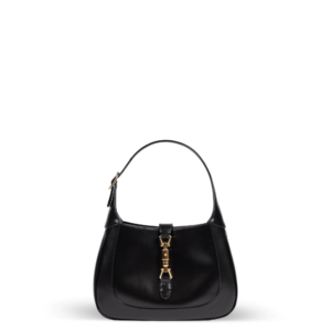 Black leather shoulder bag with gold hardware from the Gucci brand.